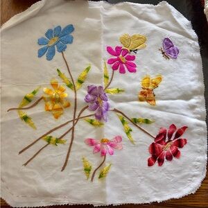 Vintage 1950s Hand Embroidered Floral Butterfly Linen Quilt Block Craft